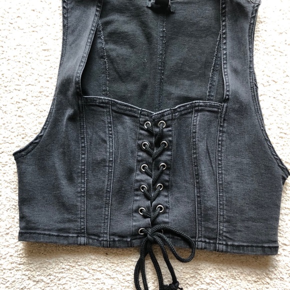 Forever 21 Black Stretch Denim Lace Up Crop Top L - Picture 3 of 8